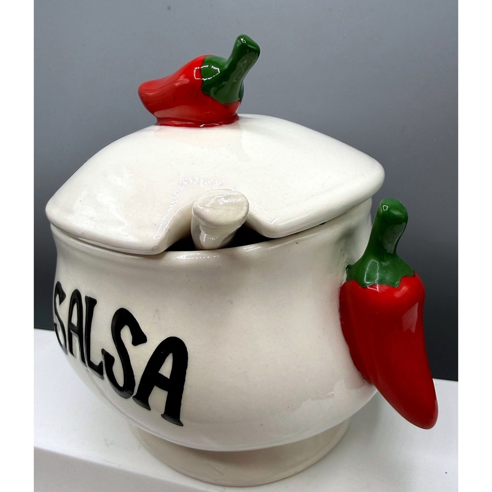 Ceramic Salsa Bowl with Lid and Spoon Red Chili Pepper Handles White Glossy - Picture 4 of 16